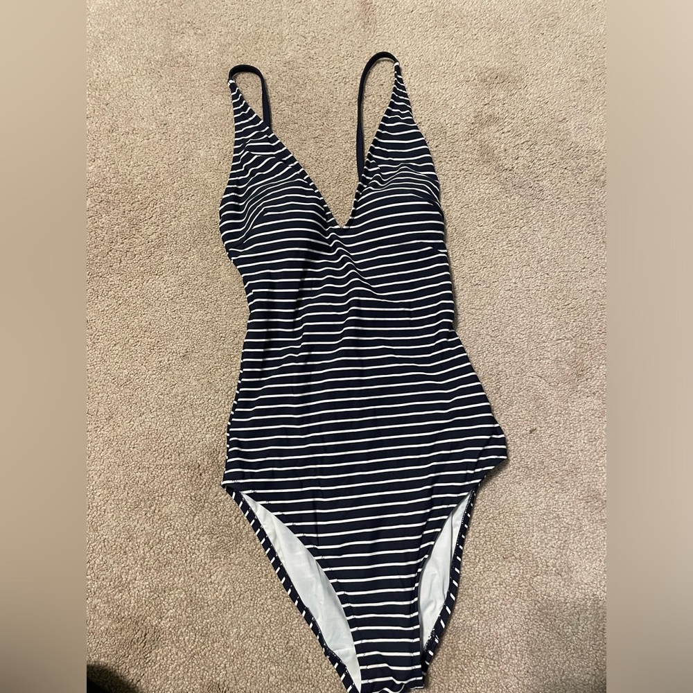 Navy white striped one piece swimsuit